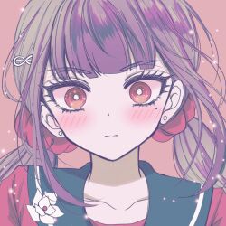  1girl blunt_bangs brown_hair danganronpa_(series) danganronpa_v3:_killing_harmony hair_ornament hair_scrunchie harukawa_maki highres long_hair looking_at_viewer low_twintails mole mole_under_eye red_eyes red_scrunchie red_shirt sailor_collar satori_(aosky9077) scrunchie shirt solo twintails 