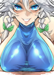  1girl blue_eyes breasts female_focus highres izayoi_sakuya swimsuit tajima_yuuki touhou white_hair 