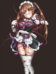  1girl apron bdsm biosuit black_background blue_eyes blush bondage bound bound_legs breasts brown_hair clenched_teeth frown fumi11gou head_tilt highres legs_together living_clothes maid maid_apron maid_headdress medium_breasts nipples original simple_background solo standing struggling tears teeth tentacles tentacle_clothes tentacle_seam twintails waist_apron  rating:Explicit score:90 user:danbooru