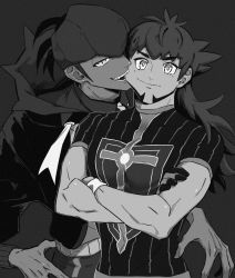 2boys biting black_hair champion_uniform cheek_biting closed_mouth commentary_request creatures_(company) crossed_arms dark-skinned_male dark_skin earrings facial_hair game_freak gloves goma_(kddd_zenzai) greyscale gym_leader half-closed_eyes hood hoodie jewelry leon_(pokemon) long_hair looking_at_viewer male_focus monochrome multiple_boys nintendo pokemon pokemon_swsh raihan_(pokemon) shirt short_sleeves smile wristband yaoi rating:Sensitive score:3 user:danbooru