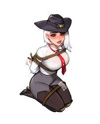 1girl arms_behind_back artist_name ashe_(overwatch) blush blushyspicy boots bound bound_arms breasts commentary cowboy_hat hat high_heels jewelry large_breasts lips lipstick looking_at_viewer makeup mole mole_above_mouth overwatch red_eyes red_lips restrained rope seiza short_hair sitting solo teeth transparent_background white_hair rating:Sensitive score:66 user:danbooru