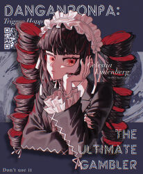  1girl absurdres black_hair celestia_ludenberg closed_mouth copyright_name cropped_torso danganronpa:_trigger_happy_havoc danganronpa_(series) drill_hair english_text frills gothic_lolita hand_rest hand_up highres lolita_fashion long_hair long_sleeves necktie red_eyes red_hair shimaya solo twin_drills twintails 
