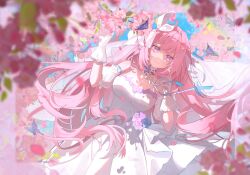  1girl absurdres bare_shoulders blue_butterfly breasts bug butterfly cherry_blossoms choker cleavage commentary_request cowboy_shot detached_sleeves diamond-shaped_pupils diamond_(shape) dress elysia_(herrscher_of_human:ego)_(honkai_impact) elysia_(honkai_impact) flower gloves hands_up highres honkai_(series) honkai_impact_3rd insect long_hair looking_at_viewer meijianshanshuizhangming parted_lips pink_flower pink_hair purple_eyes ribbon_choker smile solo strapless strapless_dress symbol-shaped_pupils very_long_hair white_dress white_gloves white_sleeves white_veil 