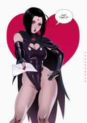  1girl black_cape black_gloves blush bob_cut breasts bridal_gauntlets brooch cameltoe cape cleavage cleavage_cutout clothing_cutout commentary confession contrapposto dandon_fuga dc_comics elbow_gloves english_commentary english_text eyelashes eyeshadow forehead forehead_jewel gloves gluteal_fold hand_on_own_hip heart heart_background heart_cutout highleg highleg_leotard highres jewelry knees large_breasts leotard letter lips lipstick looking_at_viewer makeup nail_polish nose one_eye_closed outstretched_hand parted_bangs pov puckered_lips purple_eyes purple_leotard purple_lips purple_nails raven_(dc) shiny_clothes short_hair solo superhero_costume teen_titans thighs toned tsundere  rating:Sensitive score:44 user:danbooru