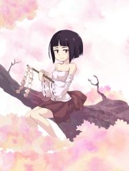  brown_hair detached_sleeves flower flower_fairy in_tree looking_at_viewer misink red_skirt short_hair sitting sitting_in_tree skirt solo tagme tree  rating:Questionable score:5 user:Taisha
