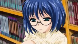  animated animated_gif blue_hair bookshelf bottomless breasts bust_to_bust character_request clothes_lift glasses green_eyes large_breasts library lowres nipples panties short_hair striped_clothes striped_panties sweater sweater_lift thighhighs underwear white_thighhighs yano_megumi  rating:Questionable score:33 user:buggerrum
