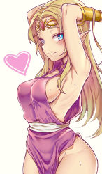1girl absurdres armpits arms_up bare_shoulders bead_necklace beads blonde_hair blue_eyes blush bracer breasts bright_pupils cleavage closed_mouth cowboy_shot gem groin hair_intakes hair_lift heart highres jewelry long_hair looking_at_viewer medium_breasts necklace nintendo no_bra no_panties pointy_ears princess princess_zelda sideboob simple_background smile solo straight_hair super_smash_bros. sweat the_legend_of_zelda the_legend_of_zelda:_a_link_between_worlds thighs tiara togin white_background white_pupils rating:Questionable score:59 user:danbooru