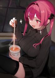  +_+ 1girl absurdres black_ribbon black_sweater black_thighhighs blush breasts chopsticks drooling fang food hair_between_eyes hair_ribbon highres holding holding_chopsticks hololive houshou_marine large_breasts long_hair mouth_drool nissin_cup_noodle noodles open_mouth pink_hair pomesaurus ramen red_eyes ribbed_sweater ribbon skin_fang solo sparkle sweater thighhighs twintails virtual_youtuber  rating:Sensitive score:35 user:danbooru