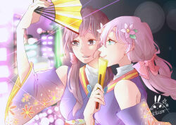2girls absurdres bare_shoulders bow breasts brown_eyes brown_hair closed_mouth clothing_cutout commentary_request floating_hair flower folding_fan green_eyes hair_bow hair_flower hair_ornament hand_fan highres holding holding_fan idol idol_clothes japanese_clothes kashikaze kimono kusuda_aina long_hair love_live! love_live!_school_idol_project low_twintails medium_breasts multiple_girls obi open_mouth pink_bow pink_flower purple_hair purple_kimono real_life sash shoulder_cutout signature stage_lights teeth tojo_nozomi twintails upper_body upper_teeth_only voice_actor