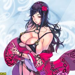  1girl blush breasts cleavage collar f.s. female_focus flower hairband large_breasts long_hair original purple_hair red_eyes solo  rating:Questionable score:57 user:BoobsLover385