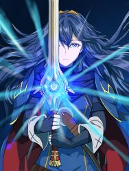  1girl armor blue_background blue_cape blue_eyes blue_gloves blue_hair cape closed_mouth commentary_request falchion_(fire_emblem) fingerless_gloves fire_emblem fire_emblem_awakening floating_hair gloves glowing glowing_sword glowing_weapon hair_between_eyes highres holding holding_sword holding_weapon long_hair looking_at_viewer lucina_(fire_emblem) matchanosuke_fe nintendo pauldrons red_cape shoulder_armor simple_background solo sword symbol-shaped_pupils tiara two-tone_cape weapon 