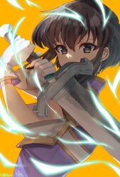  1girl armor black_hair covered_mouth earrings edamameoka fire_emblem fire_emblem:_genealogy_of_the_holy_war gloves hands_up highres holding holding_sword holding_weapon jewelry larcei_(fire_emblem) looking_at_viewer nintendo purple_tunic short_hair shoulder_armor sidelocks simple_background solo sword sword_guard_stance tomboy tunic weapon 