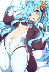  1girl absurdres blue_eyes blue_hair blush bodysuit breasts crotch_seam headgear highres index_fingers_raised leaning_to_the_side long_hair looking_at_viewer magic medium_breasts navel open_mouth plunging_neckline puzzle_&amp;_dragons scheat_(p&amp;d) simple_background solo twin-7646 very_long_hair white_background white_bodysuit  rating:Sensitive score:4 user:danbooru