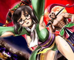  1boy 1girl black-framed_eyewear black_hair breasts chinese_clothes glasses hair_rings kibagami_genjuro large_breasts mole mole_under_mouth samurai_spirits updo wu-ruixiang  rating:Questionable score:0 user:DarkSymbiote