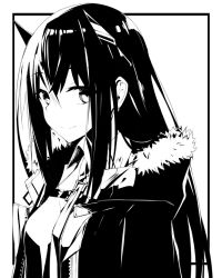  1girl collar fur-trimmed_jacket fur_trim greyscale hair_between_eyes hair_ornament high_contrast highres jacket long_hair looking_at_viewer monochrome nagishiro_mito necktie original portrait shirt simple_background smile solo white_background  rating:Sensitive score:1 user:VoidIntruder