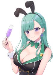  1girl absurdres animal_ears aqua_hair bare_shoulders black_hairband black_nails black_vest blush bow bowtie breasts bunny_garden buttons champagne_flute chinachi cleavage collar collared_vest cup double-breasted drinking_glass ear_piercing earrings fake_animal_ears green_bow green_bowtie green_collar green_hair hair_behind_ear hairband highres holding holding_cup jewelry large_breasts long_hair looking_at_viewer mole mole_on_breast piercing purple_eyes rabbit_ears simple_background single_earring smile solo swept_bangs upper_body vest virtual_youtuber vspo! white_background wrist_cuffs yakumo_beni 