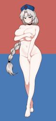  1girl blue_background blush braid breasts brown_eyes cocktiel77 completely_nude covering_breasts covering_crotch covering_privates full_body grey_hair groin hat highres large_breasts legs long_hair looking_at_viewer navel nude nurse_cap red_background simple_background single_braid solo standing sweatdrop touhou two-tone_background very_long_hair yagokoro_eirin 