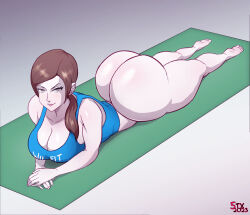  1girl 5tarex ass bare_legs barefoot bottomless breasts cleavage colored_skin female_focus full_body grey_eyes huge_ass large_breasts long_hair looking_at_viewer lying nintendo on_stomach ponytail solo thick_thighs thighs white_skin wii_fit wii_fit_trainer wii_fit_trainer_(female)  rating:Questionable score:19 user:catonfire26