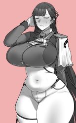  1girl absurdres belly blush breasts earrings fukamichi_ran&#039;ou gloves goddess_of_victory:_nikke greyscale highres huge_breasts jewelry marciana_(nikke) midriff monochrome navel_piercing piercing pink_background sweat thick_thighs thighs  rating:Questionable score:33 user:CovArd