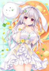  1girl ameto_yuki animal animal_ears bare_shoulders bed_sheet bow breasts cleavage closed_mouth clover collarbone commentary_request crescent crescent_hair_ornament dress flower four-leaf_clover grey_hair hair_between_eyes hair_ornament hands_up looking_at_viewer medium_breasts off-shoulder_dress off_shoulder original puffy_short_sleeves puffy_sleeves rabbit rabbit_ears red_eyes short_sleeves smile solo striped_bow white_dress wrist_flower yellow_flower 