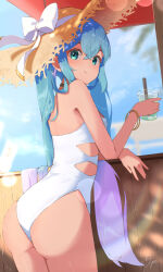  1girl ass blue_eyes blue_hair brown_hat casual_one-piece_swimsuit cowboy_shot dappled_sunlight drill_hair drink from_behind hat hatsune_miku highres long_hair looking_at_viewer looking_back one-piece_swimsuit racing_miku racing_miku_(2024) solo soyose straw_hat sun_hat sunlight swimsuit tongue tongue_out twin_drills very_long_hair vocaloid white_one-piece_swimsuit 