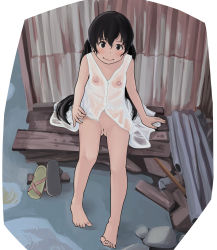 1girl bad_id bad_pixiv_id bare_arms bare_shoulders barefoot black_eyes black_hair blush bottomless cleft_of_venus closed_mouth feet female_focus flat_chest hair_between_eyes has_bad_revision has_censored_revision highres lifting_own_clothes loli long_hair looking_at_viewer nipples no_bra no_panties open_mouth original pussy rensyu rock sandals unworn_sandals see-through shoes unworn_shoes sitting smile solo toenails twintails uncensored wet wet_clothes rating:Explicit score:270 user:Domestic_Importer