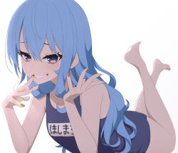  1girl absurdres alternate_costume armpit_crease barefoot blue_eyes blue_hair blue_one-piece_swimsuit blush breasts character_name collarbone crossed_bangs feet feet_up full_body gradient_background grey_background hair_between_eyes hands_up highres hololive hoshimachi_suisei legs long_hair looking_at_viewer lunch_boxer lying name_tag on_stomach one-piece_swimsuit orange_nails school_swimsuit shadow simple_background small_breasts smile soles solo star_(symbol) star_in_eye swimsuit symbol_in_eye the_pose toes virtual_youtuber white_background 