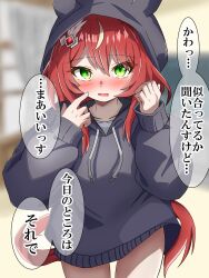  1girl alternate_costume blurry blurry_background blush breasts collarbone commentary_request green_eyes hair_between_eyes hair_ornament highres hood hoodie horse_girl low_twintails open_mouth red_hair shikimiya_life small_breasts solo sweat translation_request twintails umamusume win_variation_(umamusume) 