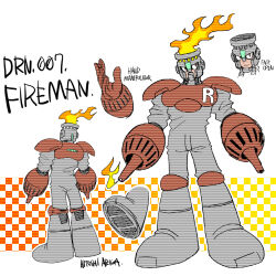  1boy ariga_hitoshi arm_cannon armor artist_name bodysuit boots character_name character_sheet checkered_background closed_mouth commentary concept_art dual_arm_cannons english_text fire fire_man from_behind full_body gradient_background grey_bodysuit highres humanoid_robot knee_boots light_smile looking_ahead looking_to_the_side male_focus mask mega_man_(classic) mega_man_(series) mega_man_1 mega_man_megamix multiple_views no_humans orange_background orange_eyes red_armor robot scanlines shoe_soles shoulder_armor simple_background standing three_quarter_view turnaround weapon white_background yellow_background 