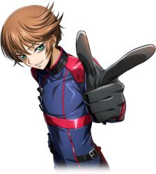 1boy artist_request black_gloves blue_bodysuit bodysuit brown_hair code_geass code_geass:_boukoku_no_akito code_geass:_lost_stories covered_collarbone covered_navel cropped_torso dutch_angle finger_gun game_cg gloves green_eyes grin half-closed_eyes hand_on_own_hip happy looking_at_viewer male_focus naruse_yukiya non-web_source official_art pointing pointing_at_viewer short_hair sidelocks simple_background skin_tight smile solo standing swept_bangs teeth transparent_background upper_body