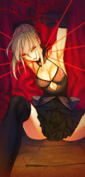  1girl armpits arms_behind_head artoria_pendragon_(fate) bdsm blonde_hair bondage bound bound_arms breasts bridal_gauntlets cleavage collar commentary_request dress ebzmahs0192 fate/stay_night fate_(series) gothic_lolita highres lace lace-trimmed_dress lace_trim lolita_fashion looking_at_viewer prisoner restrained ribbon saber_(fate) saber_alter sleeveless sleeveless_dress solo thighhighs yellow_eyes  rating:Sensitive score:40 user:danbooru