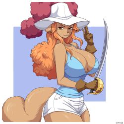  1girl absurdres animal_ears breasts cleavage curvy curvy_milf dog_ears dog_girl dog_tail female_focus furry furry_female hat hat_feather highres huge_breasts large_breasts mature_female musketeer one_piece orange_hair simmsy smile solo sword tail thick_thighs thighs wanda_(one_piece) weapon yellow_eyes  rating:Questionable score:89 user:keplergym