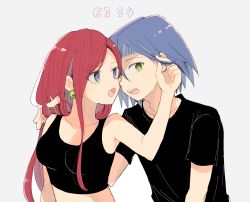 1boy 1girl :o atsumi_yoshioka black_shirt blue_eyes blue_hair breasts collarbone commentary_request creatures_(company) earrings game_freak green_eyes hair_between_eyes hand_up james_(pokemon) jessie_(pokemon) jewelry long_hair looking_at_viewer nintendo open_mouth pokemon pokemon_(anime) red_hair shirt short_hair short_sleeves sleeveless sleeveless_shirt t-shirt teeth tongue upper_body upper_teeth_only rating:Sensitive score:8 user:danbooru