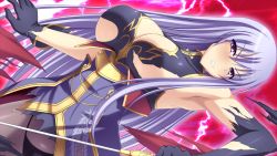  1girl angry armpits black_gloves blush breasts clenched_teeth detached_collar game_cg gloves holding holding_sword holding_weapon large_breasts legs lightning long_hair looking_at_viewer matching_hair/eyes original panties pantyshot purple_eyes purple_hair sangoku_hime sangoku_hime_2 simple_background solo sonsaku_(sangoku_hime) standing sun_ce sword teeth thighs torn_clothes underwear unicorn-a weapon 