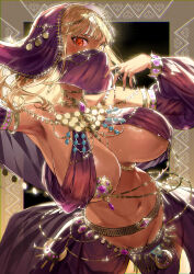  1girl absurdres arabian_clothes armlet armpits bangle belly_dancing black_background blonde_hair bracelet breasts bright_pupils cowboy_shot dancer dancing dark-skinned_female dark_skin fingernails glowing glowing_hair gold gold_choker gold_nails groin hand_up harem_pants headdress highres hip_vent hololive jewelry kuroi_suna large_breasts letterboxed long_hair looking_at_viewer mouth_veil multicolored_hair multiple_rings navel no_panties pants parted_lips patterned_background pendant purple_pants purple_sleeves red_eyes red_pupils revealing_clothes ring see-through shiranui_flare solo sparkle stomach streaked_hair veil virtual_youtuber white_hair  rating:Questionable score:110 user:danbooru