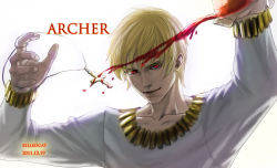  10s 1boy 2011 alcohol artist_name bad_id bad_pixiv_id blonde_hair bracelet casual cross cross_necklace cup dated drinking_glass fate/stay_night fate/zero fate_(series) gilgamesh_(fate) jewelry killedcat male_focus necklace official_alternate_costume realistic short_hair signature slit_pupils solo spill white_background wine wine_glass 
