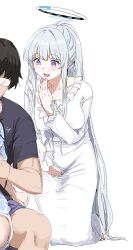  1boy 2girls :d black_hair blue_archive blush breasts clearite dress female_masturbation glasses halo hetero highres large_breasts long_hair masturbation masturbation_through_clothes multiple_girls noa_(blue_archive) open_mouth purple_eyes smile very_long_hair white_dress 