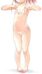 1girl adjusting_clothes adjusting_swimsuit bikini fang final_fantasy final_fantasy_xiv flat_chest front-tie_bikini_top front-tie_top halterneck hands_up head_out_of_frame highres loli mayafufu micro_bikini navel original pigeon-toed pink_hair sandals simple_background solo standing stomach sweat swimsuit white_background white_bikini rating:Questionable score:127 user:danbooru