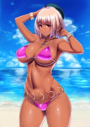 10s 1girl alternate_hair_color anchor armpits arms_behind_head beach bikini blonde_hair bracelet breasts cowboy_shot dark-skinned_female dark_skin female_focus ganguro hat ishimiso_(ishimura) jewelry kantai_collection large_breasts looking_at_viewer navel necklace ocean outdoors pink_bikini pink_eyes red_eyes sand shiny_skin short_hair skindentation solo swimsuit takao_(kancolle) tan water wide_hips rating:Questionable score:104 user:danbooru