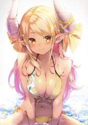  1girl bare_arms bare_shoulders between_legs bikini blonde_hair blush bow breasts brown_eyes cleavage closed_mouth collarbone commentary_request curled_horns dark-skinned_female dark_skin draph front-tie_bikini_top front-tie_top granblue_fantasy halterneck hand_between_legs highres horn_bow horn_ornament horns kumbhira_(granblue_fantasy) large_breasts long_hair looking_at_viewer multicolored_hair navel pilokey pink_hair pointy_ears shallow_water side-tie_bikini_bottom sitting smile solo string_bikini swept_bangs swimsuit two-tone_hair very_long_hair water yellow_bikini yellow_bow  rating:Sensitive score:24 user:danbooru
