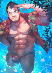 1boy abs bara bare_pectorals black_hair bulge darius_(league_of_legends) facial_hair goatee large_pectorals league_of_legends leaning_to_the_side looking_at_viewer male_focus male_pubic_hair male_swimwear mature_male multicolored_hair muscular muscular_male navel navel_hair nipples open_clothes open_shirt partially_submerged pectorals pubic_hair red_male_swimwear red_shirt rybiok scar scar_across_eye scar_on_face shirt short_hair sideburns solo stomach streaked_hair swim_briefs thick_thighs thighs water wet white_hair  rating:Sensitive score:3 user:danbooru