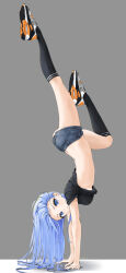  1girl arm_support ass back black_shirt black_socks blue_eyes blue_hair chaesu clothes_lift denim flexible from_side grey_background handstand jeans kneehighs legs long_hair looking_at_viewer midriff pants shirt shirt_lift shoes short_shorts short_sleeves shorts socks solo thighs upshirt 