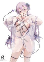 1girl bdsm breasts chain collar demon_wings fishnet_legwear fishnets harness highres horns jima leash medium_breasts nipples purple_eyes purple_hair pussy pussy_juice see-through see-through_shirt shibari slave solo standing tail wings rating:Explicit score:84 user:HaoyanNi
