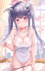  1girl absurdres apron bare_shoulders blue_archive blush breasts cleft_of_venus frilled_apron frills fuuka_(blue_archive) halo highres indoors kallen_ayase kneeling large_breasts long_hair looking_at_viewer naked_apron panties panty_pull pussy red_halo see-through smile solo twintails underwear wet wet_clothes white_apron window 