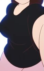  1girl animated black_shirt bouncing_breasts breasts brown_hair clothes_lift curvy head_out_of_frame jewelry large_breasts long_hair mike_inel navel nipples original pants ring shirt shirt_lift smile thighs video wedding_band wide_hips yoga_pants  rating:Questionable score:454 user:Oppai_chan