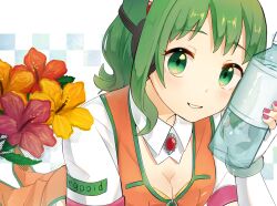  1girl aqua_background autore_triangle bent_over blush bottle breasts checkered_background cleavage clothes_writing collar commentary_request detached_collar elbow_gloves fingerless_gloves flipped_hair flower gem glass_bottle gloves green_eyes green_hair green_trim grin gumi hibiscus highres holding holding_bottle holding_glass_bottle leaf looking_at_viewer medium_hair multicolored_background nail_polish orange_flower orange_vest parted_lips pink_flower pink_nails red_gemstone short_sleeves sidelocks smile teeth two-tone_background upper_body vest vocaloid white_background white_collar white_gloves yellow_flower 