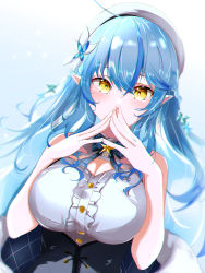  1girl absurdres ahoge bare_shoulders beret blue_hair blush breasts cleavage cleavage_cutout clothing_cutout elf flower frills hair_flower hair_ornament half_updo hat highres hololive large_breasts long_hair looking_at_viewer pointy_ears solo virtual_youtuber white_hat yamaki_(yamaki801) yellow_eyes yukihana_lamy  rating:Sensitive score:7 user:danbooru