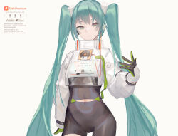  1girl absurdres aqua_eyes aqua_hair artist_name black_bodysuit black_gloves bodysuit closed_mouth clothing_cutout covered_navel cowboy_shot crop_top crop_top_overhang cropped_jacket english_text fake_ad gloves green_eyes green_gloves hand_up hatsune_miku highres jacket long_hair long_sleeves looking_at_viewer pause_button play_button racing_miku racing_miku_(2022) simple_background sin9 smile smiley_face solo stomach_cutout twintails two-tone_gloves very_long_hair vocaloid white_background white_jacket 