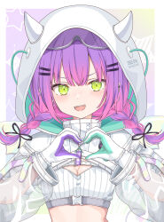  1girl absurdres bandeau blush braid breasts buckle cleavage_cutout clothing_cutout ear_piercing fake_horns fangs gloves goggles goggles_on_head green_eyes hair_ornament hairclip highres hololive hooded_shrug horns kyabetsu_ningen long_hair long_sleeves looking_at_viewer low_twin_braids multicolored_hair piercing pink_hair purple_hair ribbed_bandeau see-through see-through_sleeves snap-fit_buckle snow_goggles solo strapless streaked_hair tokoyami_towa tokoyami_towa_(5th_costume) tube_top twin_braids twintails virtual_youtuber white_bandeau white_gloves white_shrug white_tube_top wings 