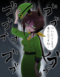  1girl absurdres animal_ears aura bow bowler_hat brown_hair buttons cowboy_shot dark_aura double-breasted ear_ornament formal fushicho green_eyes green_hat green_jacket green_skirt hair_between_eyes hair_bow hat hayakawa_tazuna head_tilt highres horse_ears horse_girl horseshoe_hat_ornament jacket long_hair long_sleeves looking_at_viewer menacing_(jojo) necktie removing_hat sidelocks skirt skirt_suit solo speech_bubble split_ponytail suit suit_jacket translation_request umamusume very_long_hair yellow_bow yellow_necktie 